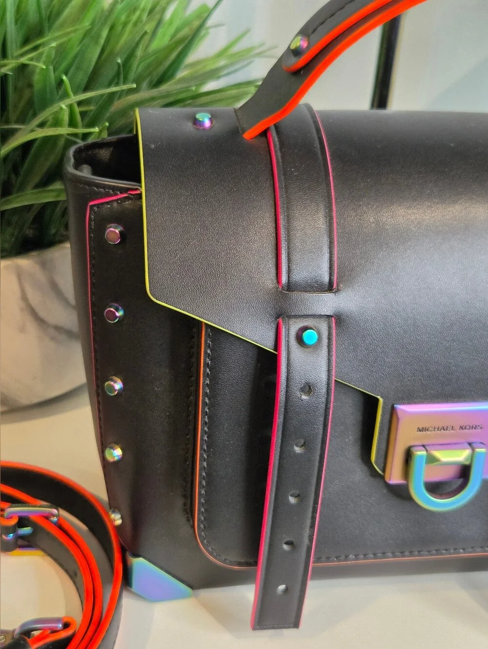 Michael Kors Manhattan Medium Black Leather Satchel Neon Oil Slick
